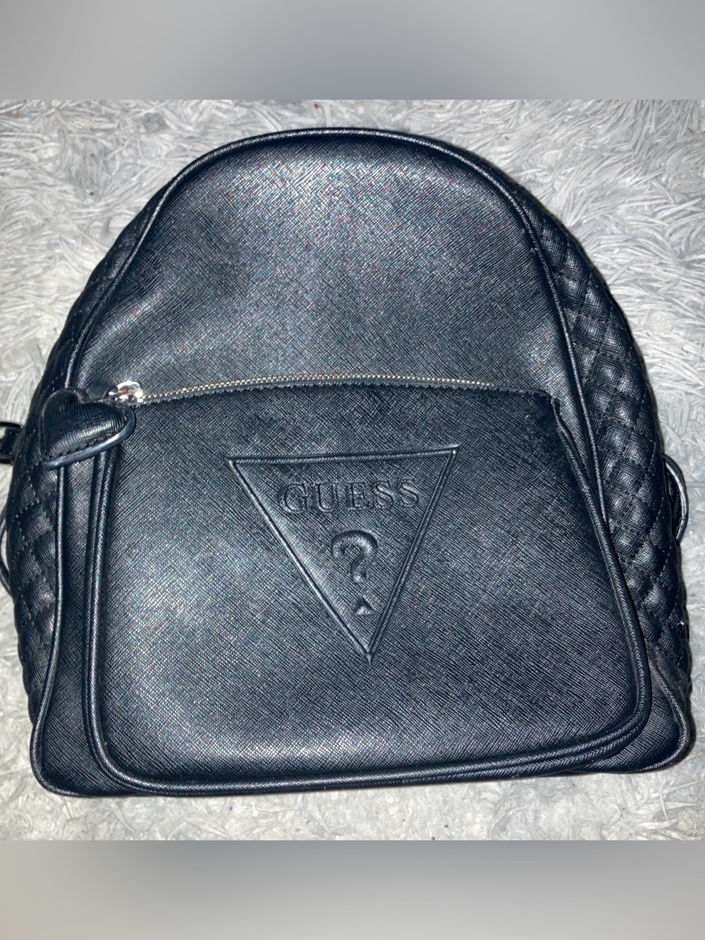 GUESS Black Quilted Faux Leather Backpack with Embossed Triangle Logo